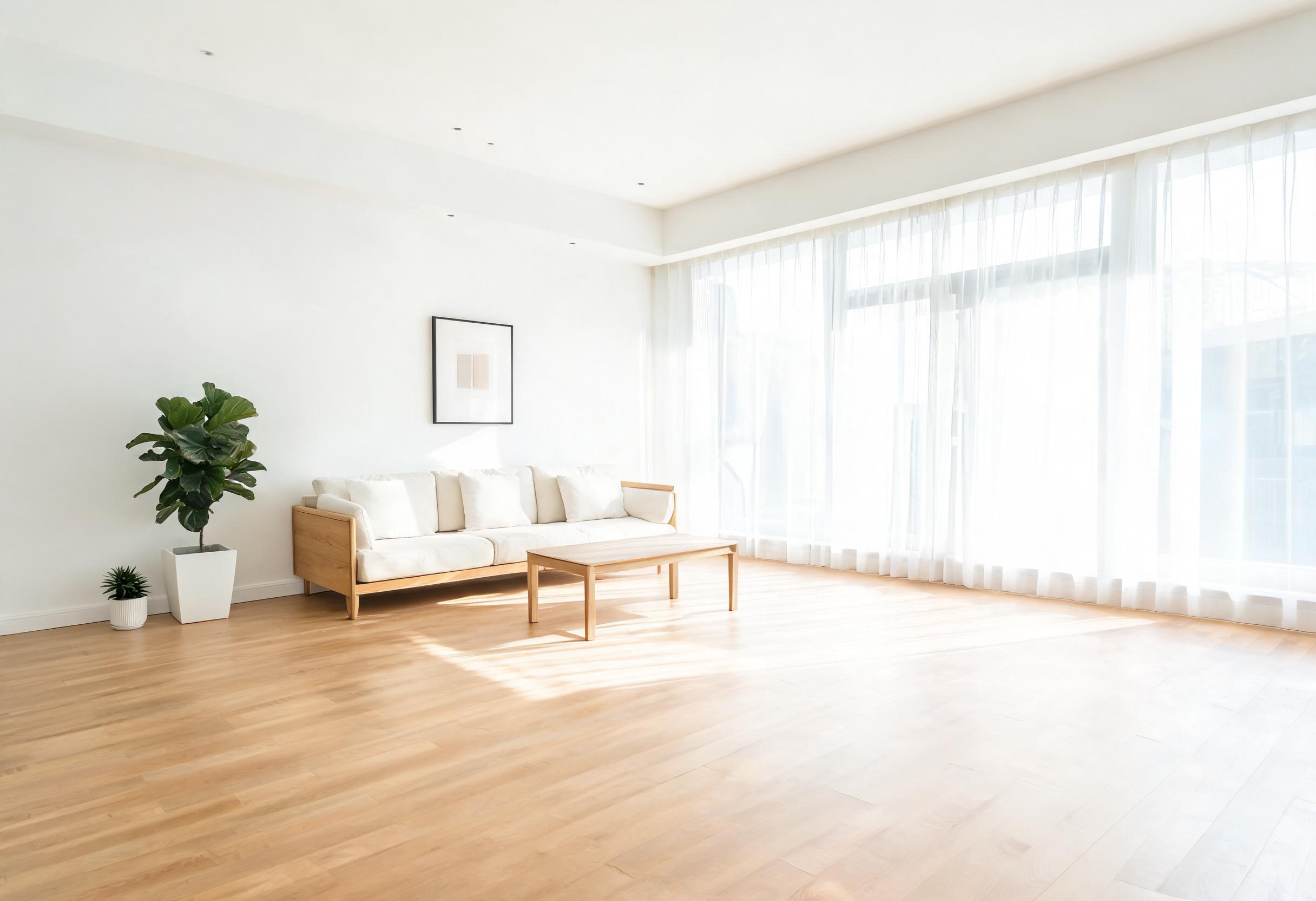 Sala de estar luminosa e impecavelmente limpa, com luz natural